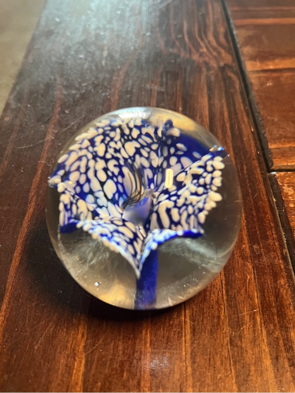 Hand Blown Blue and White Art Glass Flower Floral Orb Paperweight